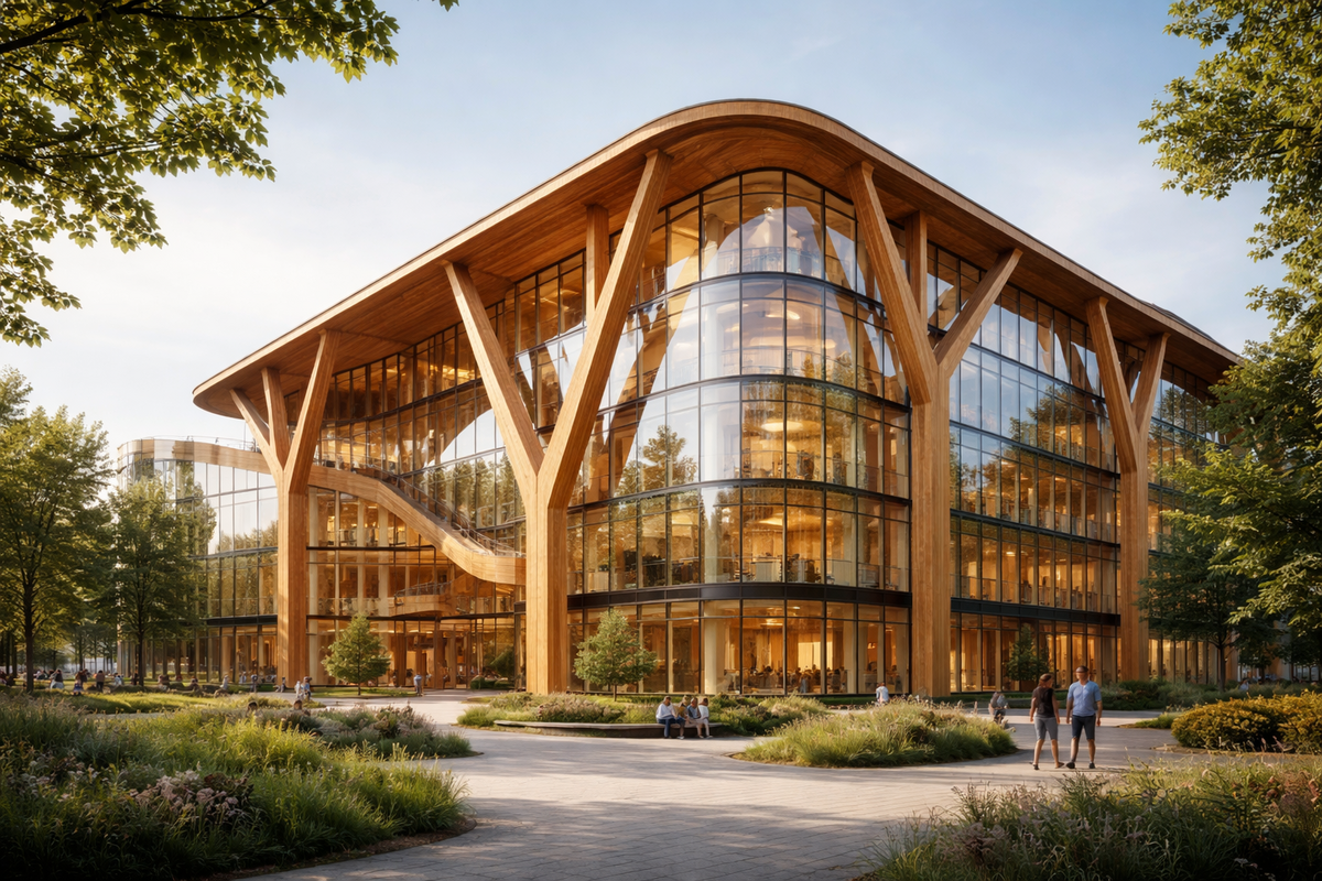 Moderne Holz-Hybridkonstruktion mit sichtbarem Tragwerk und Glasfassade – der „Dara Award“ von WoodPoP rückt solche Projekte ins Rampenlicht. Bild: KI-generiert