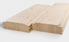 Brettstapeldecke aus miteinander verbundenen Massivholzbrettern für tragende Deckenkonstruktionen. Foto: Hasslacher