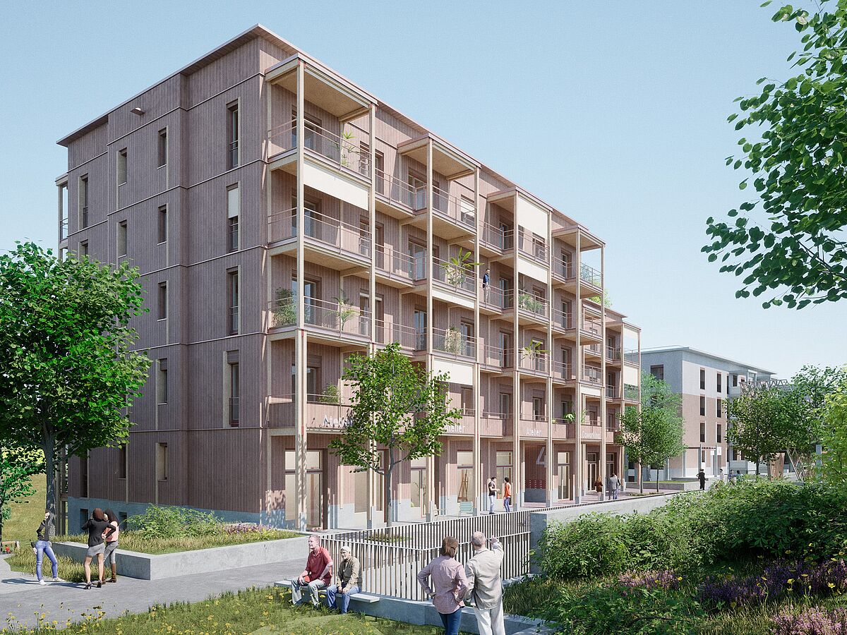 Böckinger Straße in Stuttgart-Zuffenhausen: Das IBA’27-Haus zeigt flexiblen, mehrgeschossigen Holzhybridbau für neue Wohn- und Arbeitsformen. Bild: IBA'27