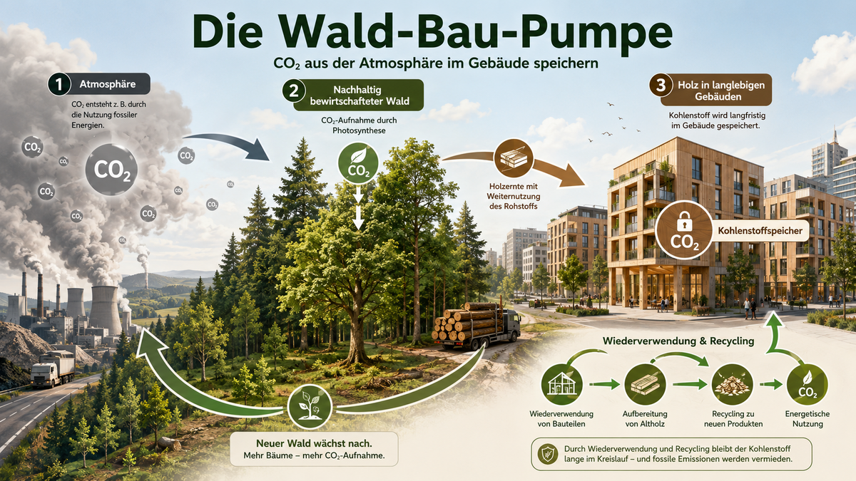 Die Wald-Bau-Pumpe zeigt, wie CO₂ im Wald aufgenommen, in Holzgebäuden gespeichert und durch Wiederverwendung im Kreislauf gehalten wird. Grafik: KI-generiert