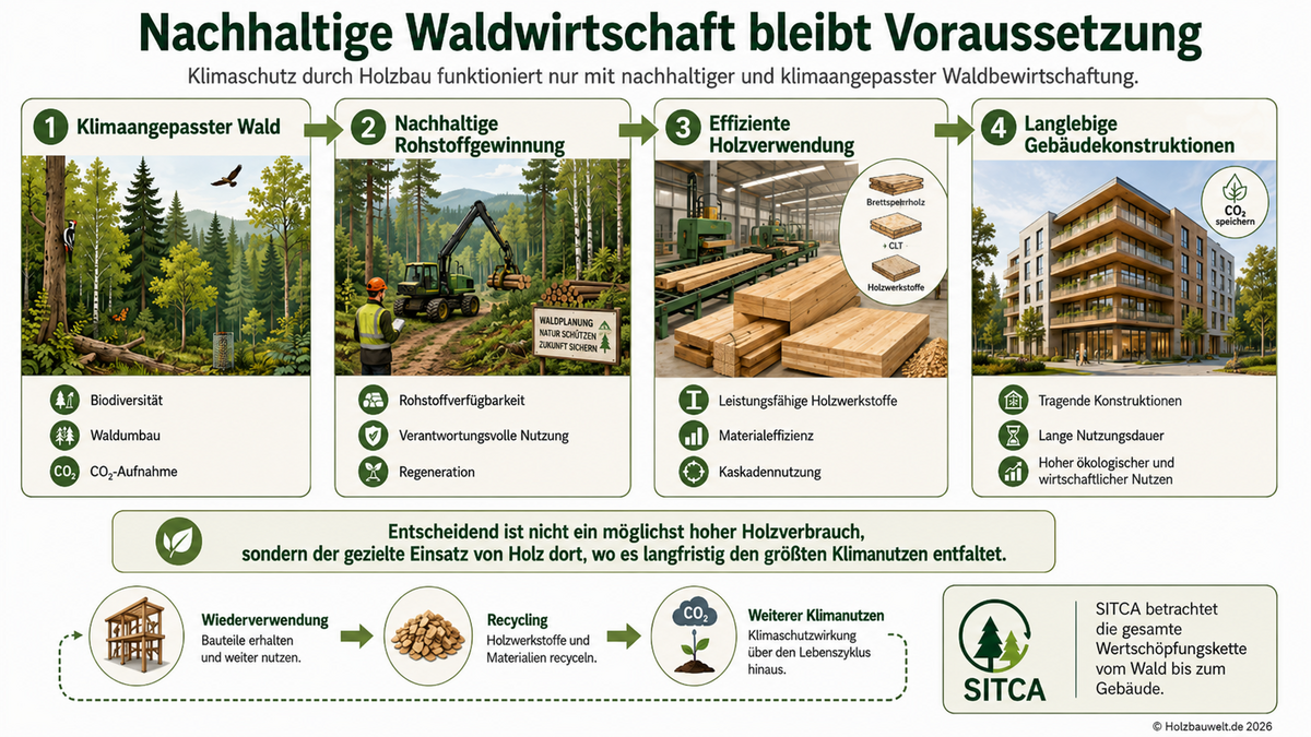 Nachhaltige Waldwirtschaft, effiziente Holzverwendung und langlebige Gebäudekonstruktionen verbinden Klimaschutz mit einer verantwortungsvollen Nutzung des Rohstoffs Holz. Grafik: KI-generiert