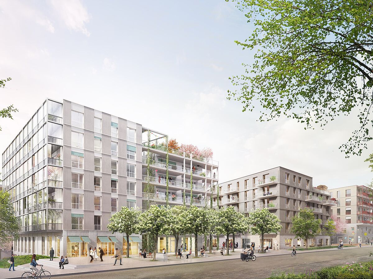 Quartier am Rotweg in Stuttgart-Zuffenhausen: Das IBA’27-Projekt verbindet Holz- und Holzhybridbau mit bezahlbarem, gemeinschaftlichem Wohnen. Bild: IBA'27