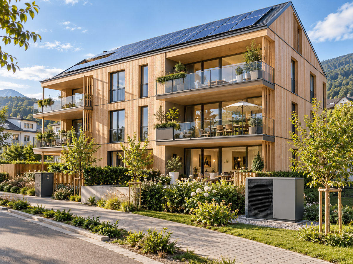 Mehrfamilienhaus in Holzbauweise zeigt, wie der moderne Holzbau langfristige Kohlenstoffspeicherung und zukunftsfähigen Wohnungsbau verbindet. Foto: KI-generiert
