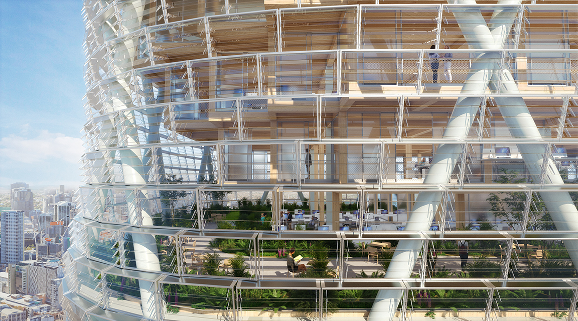 Atlassian Headquarter Sydney, Holzhybrid-Hochhaus 180 m hoch, 40 Stockwerke. Foto: SHop / BVN