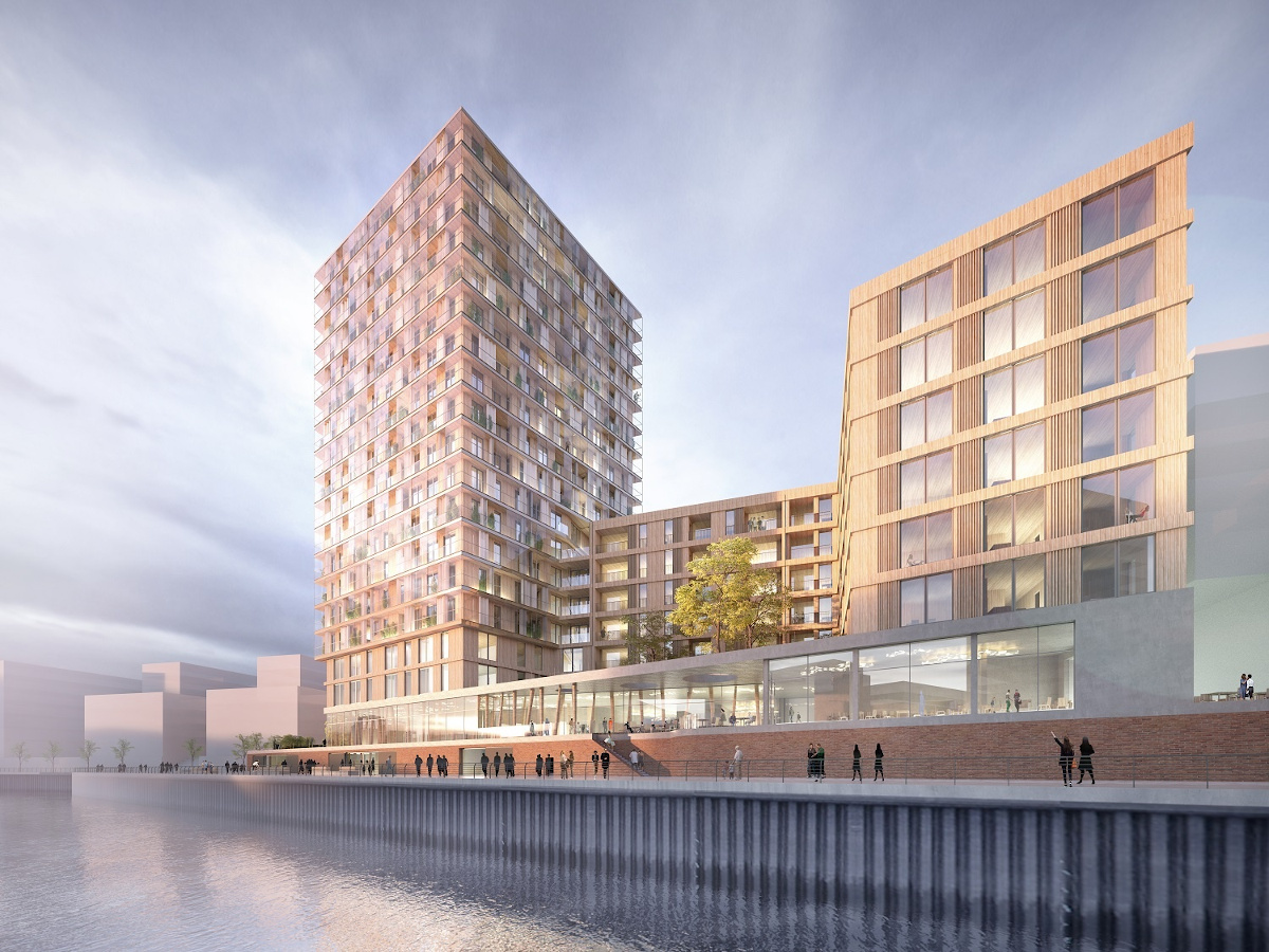 Hochhäuser in Holzbauweise (Roots in Hamburg). Grafik: Störmer Murphy and Partners