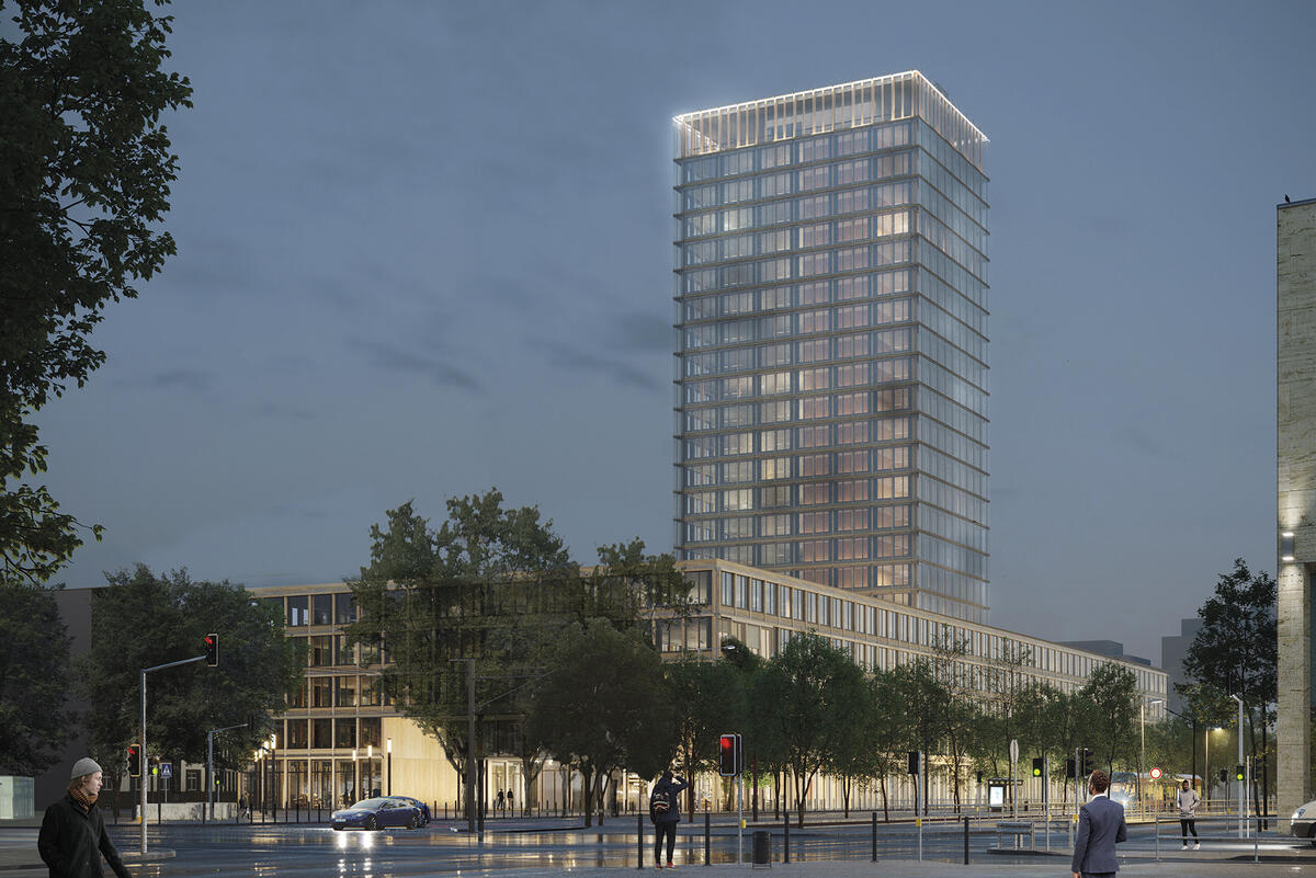 Neugestaltung des Landratsamt-Areals in Karlsruhe - Neubau Holzhybrid-Hochhaus KARLA mit 90 Metern. Grafik: wittfoht studio architekten 